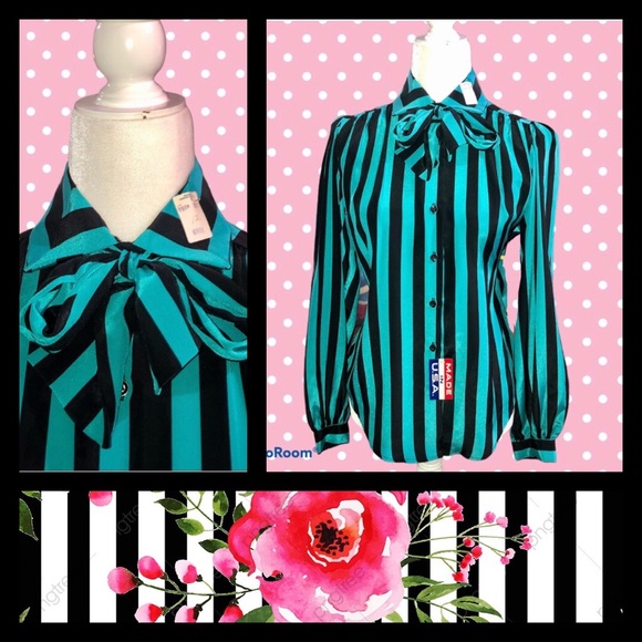 Lady Diplomat Tops - Vintage Teal and Black Pussy Bow Button Down